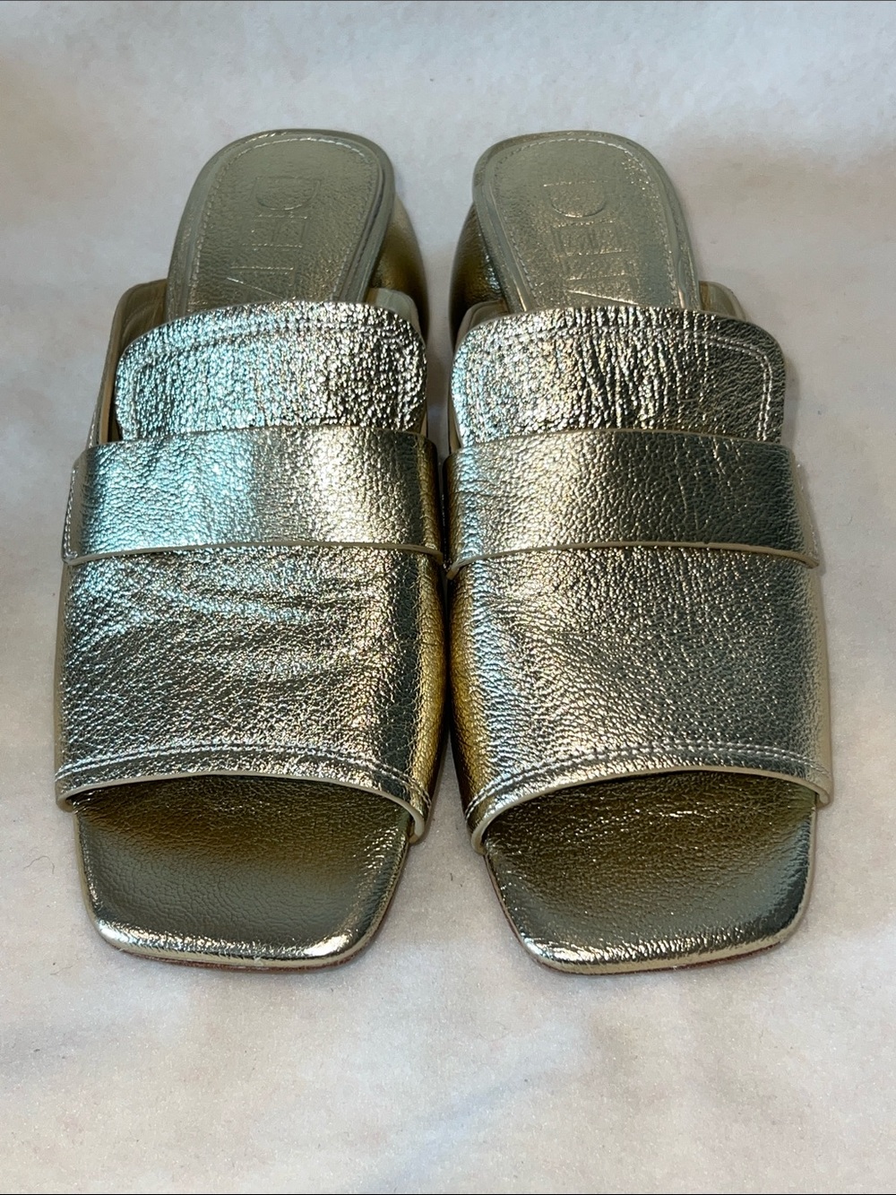 Gold Metallic Leather Slide Mules with Low Block Heel - Picture 3 of 12